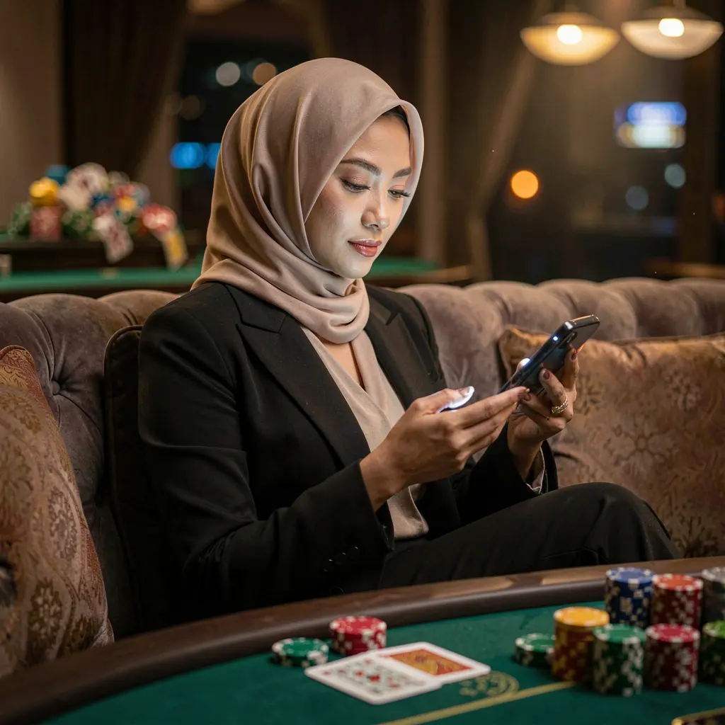 Elegant Malaysian woman relaxing on a sofa while using the MBI44MY casino app with glowing chips and cards in the background