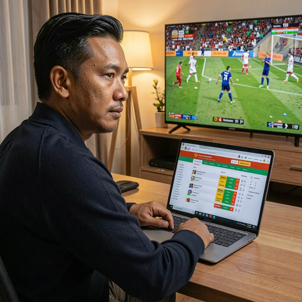 Focused Malaysian bettor analyzing live soccer odds on a laptop with MBI44MY while following a match on TV in a warm home setting